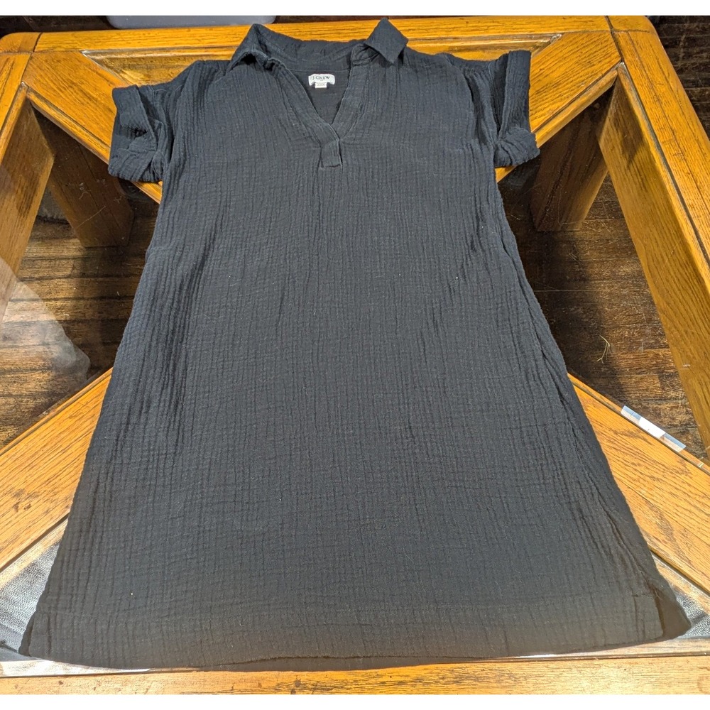 J.CREW Black Solid Shirt Dress 2XS Short Sleeve Collared Woven 100% Cotton